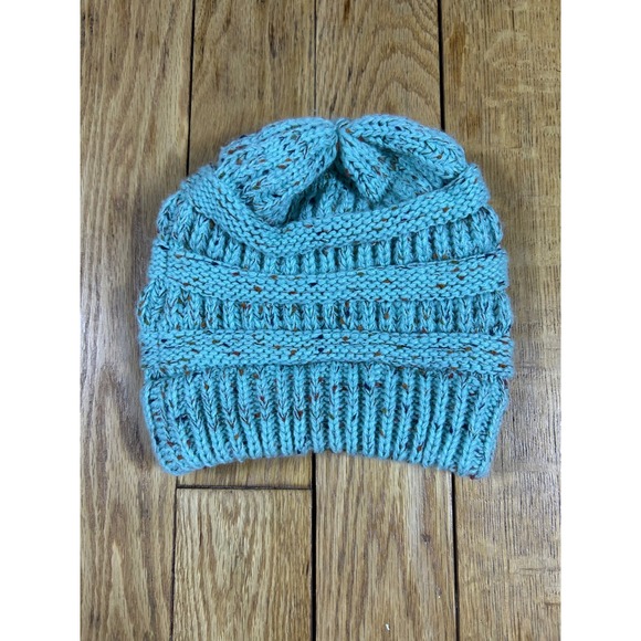 CC Beanie Speckled Teal Knit Winter Warm Slouchy Hat - Picture 2 of 2